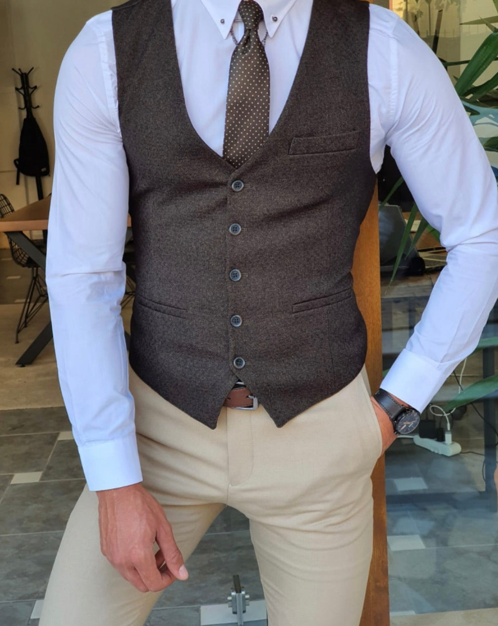 Daroni Khaki Slim Fit Vest-baagr.myshopify.com-suit-BOJONI