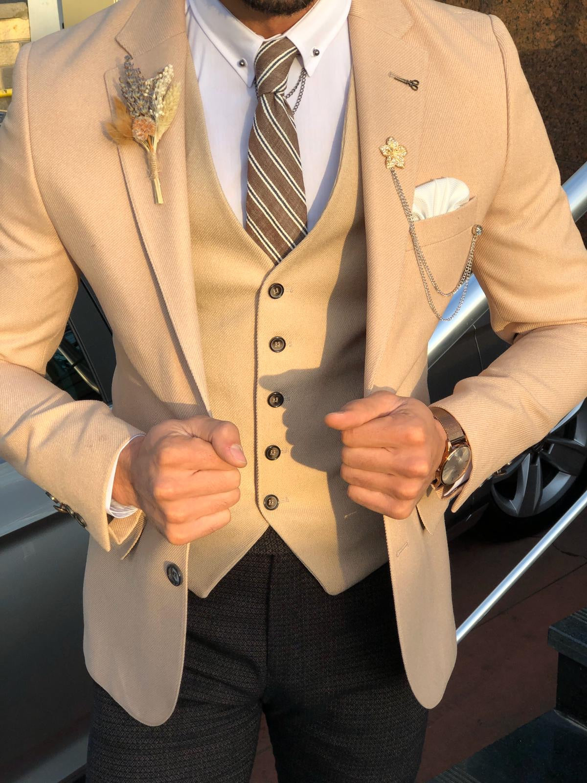 3 Piece Beige Men Slim Fit Suit Formal Business Groom Tuxedos Wedding Party  Suit | eBay