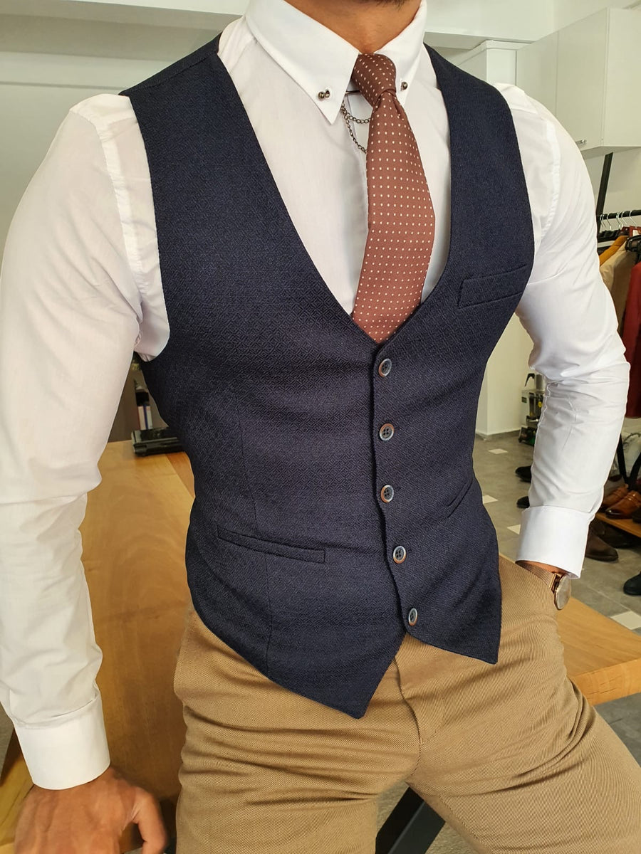 Severi Navy Blue Slim Fit Vest | BOJONI