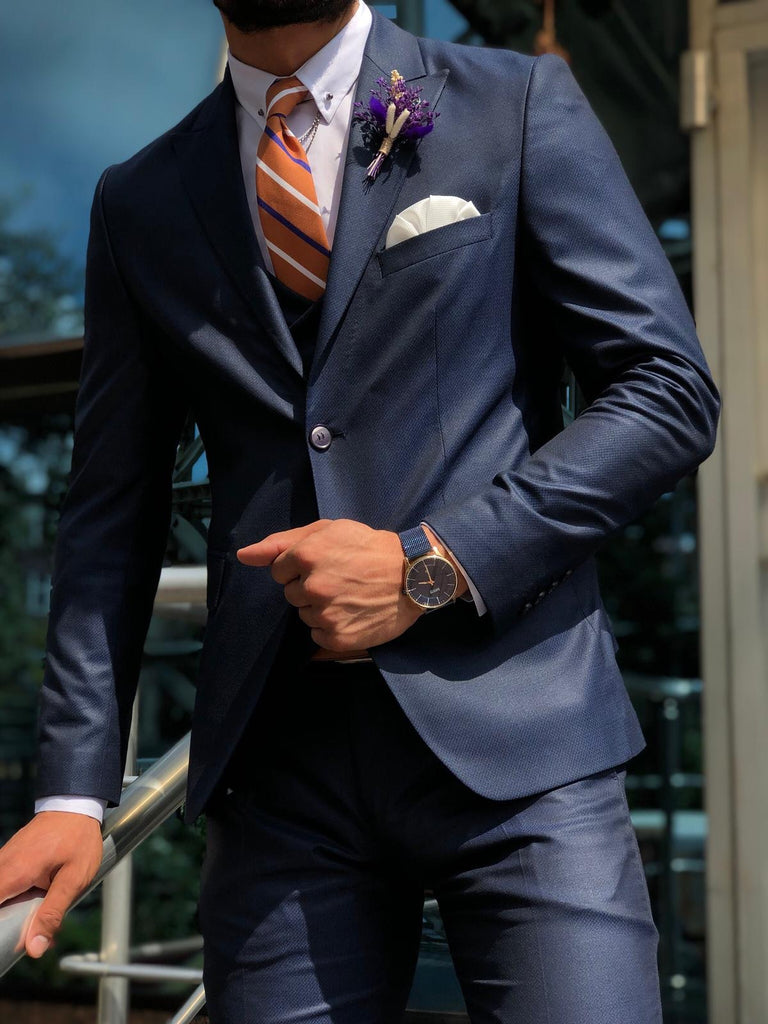 Baha Slim-Fit Patterned Suit Vest Navy Blue | BOJONI