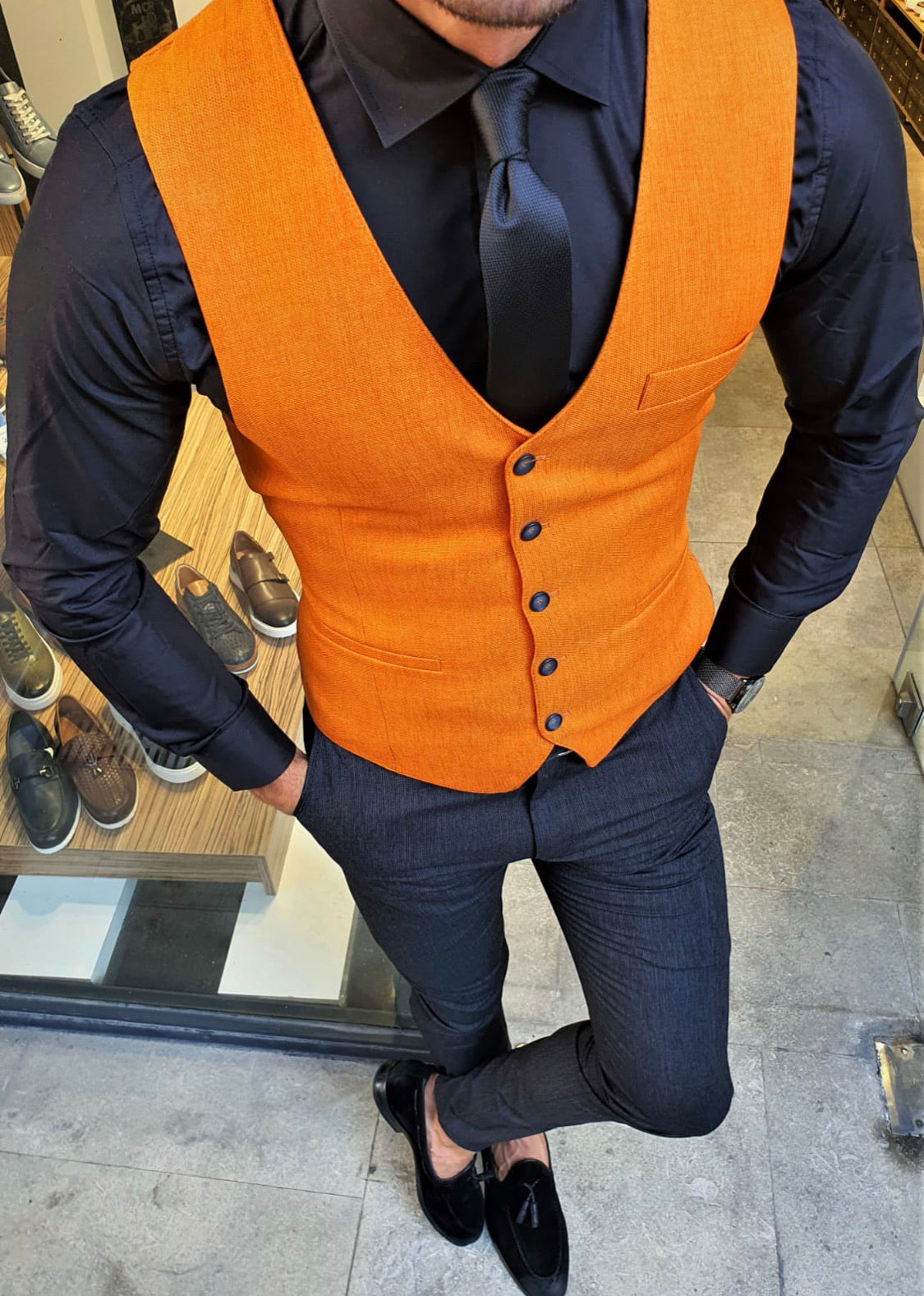 orange dress vest Men's Burnt Orange Paisley Vest with Neck Tie XL / Burnt Orange