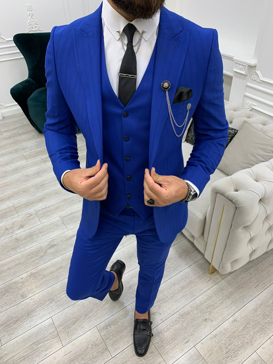 Lambrusco Blue Slim Fit Peak Lapel Striped Suit | BOJONI