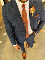 Load image into Gallery viewer, Genova Navy Blue Slim Fit Pinstripe Double Breasted Suit-baagr.myshopify.com-suit-BOJONI
