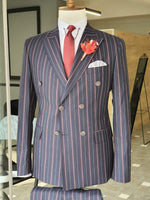 Load image into Gallery viewer, Boston Navy Blue Slim Fit Double Breasted Pinstripe Suit-baagr.myshopify.com-suit-BOJONI
