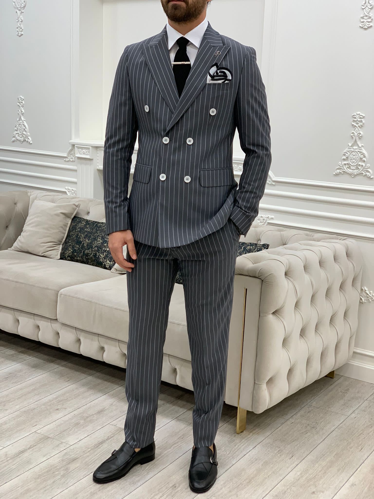 Bojoni Double Breasted Dark Gray Slim Fit Suit
