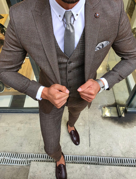 Tommy Brown Slim Fit Patterned Suit | BOJONI