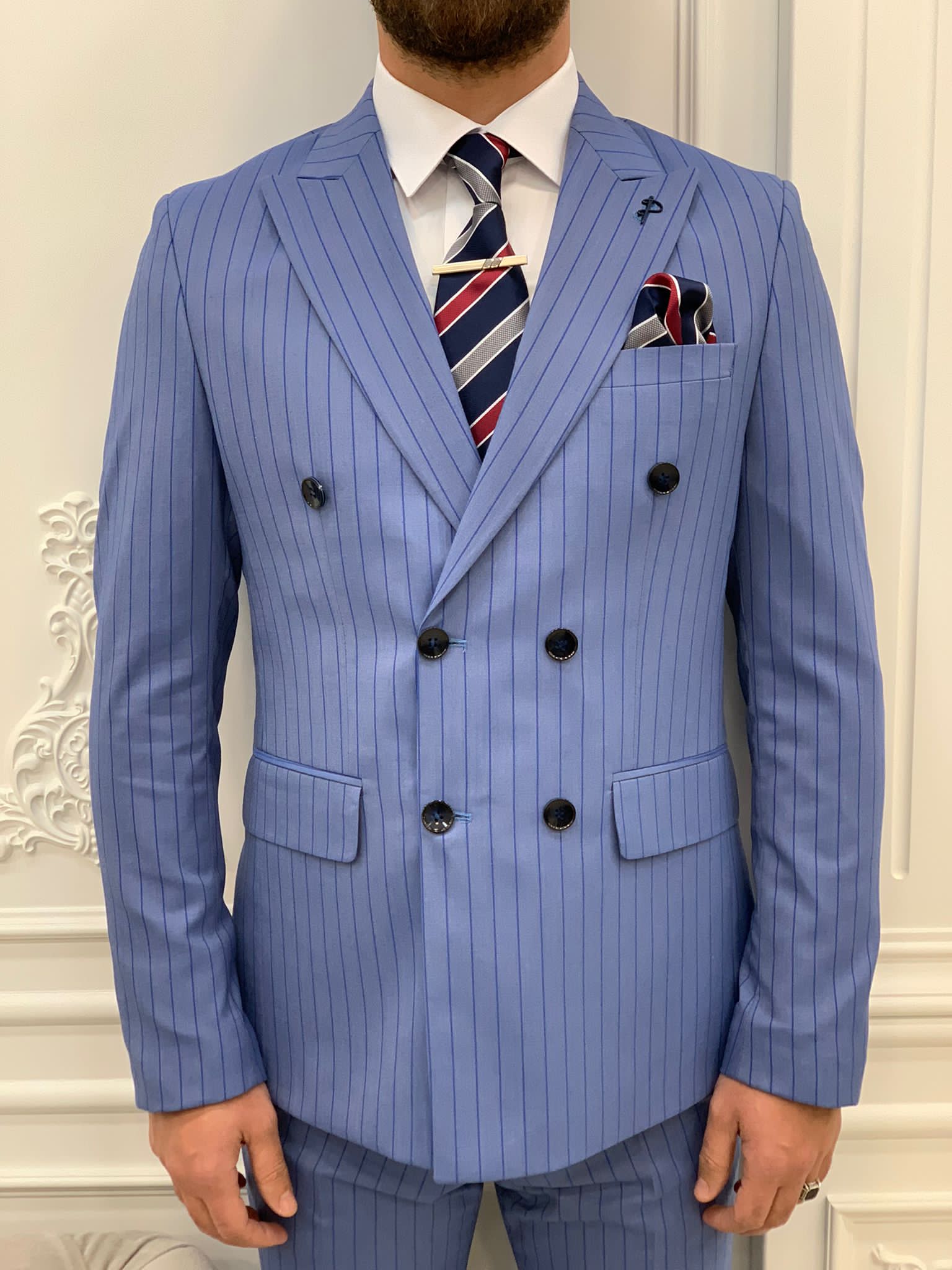 Bojoni Double Breasted Sky Blue Slim Fit Suit