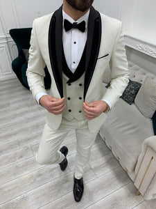 Bojoni Tishko White Velvet Shawl Collar Slim Fit Tuxedo