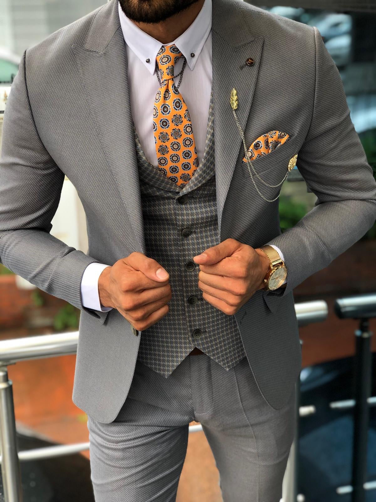 Slim-Fit Pattered Suit Vest Gray Slim-Fit Pattered Suit Vest Gray