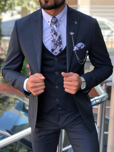 Mikki Slim-Fit Patterned Suit in Blue | BOJONI