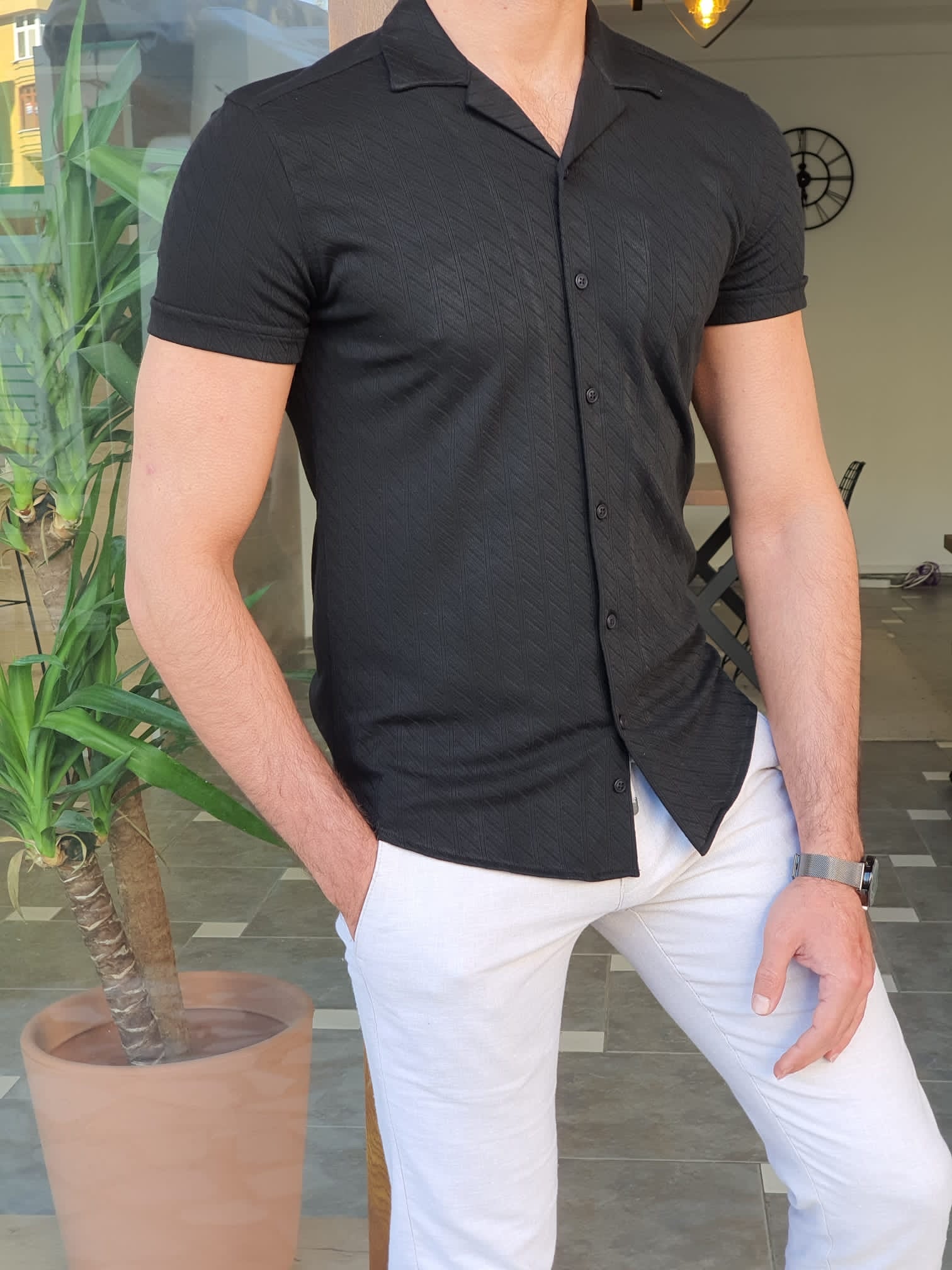 Mantova Black Slim Fit Short Sleeve Shirt | BOJONI Mantova Black Slim Fit Short Sleeve Shirt | BOJONI