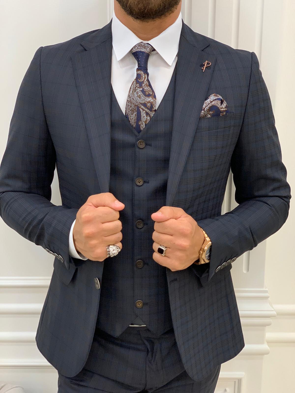 Bojoni Dayton Navy Blue  Plaid Slim Fit Suit