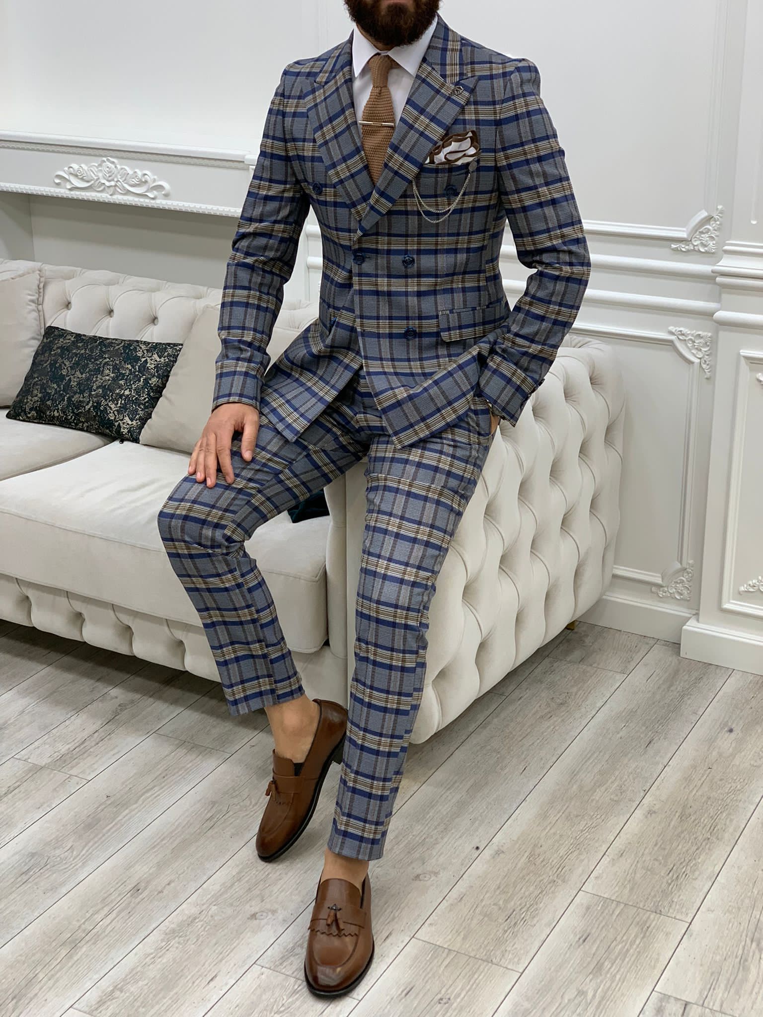 Vince Blue Slim Fit Double Breasted Plaid Suit | BOJONI