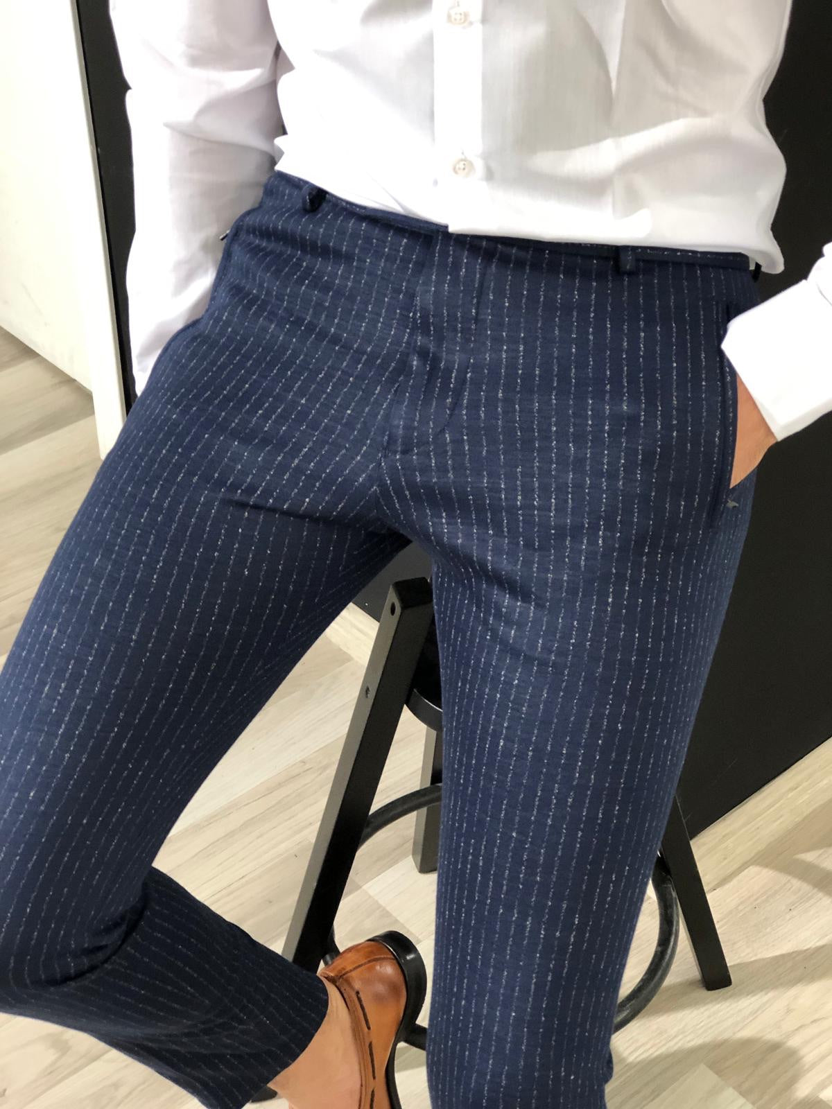 Elastic Waist Slim Fit Striped Trouser | boohoo