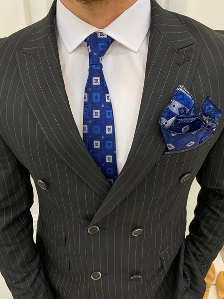 Furino Black Slim Fit Double Breasted Pinstripe Suit | BOJONI