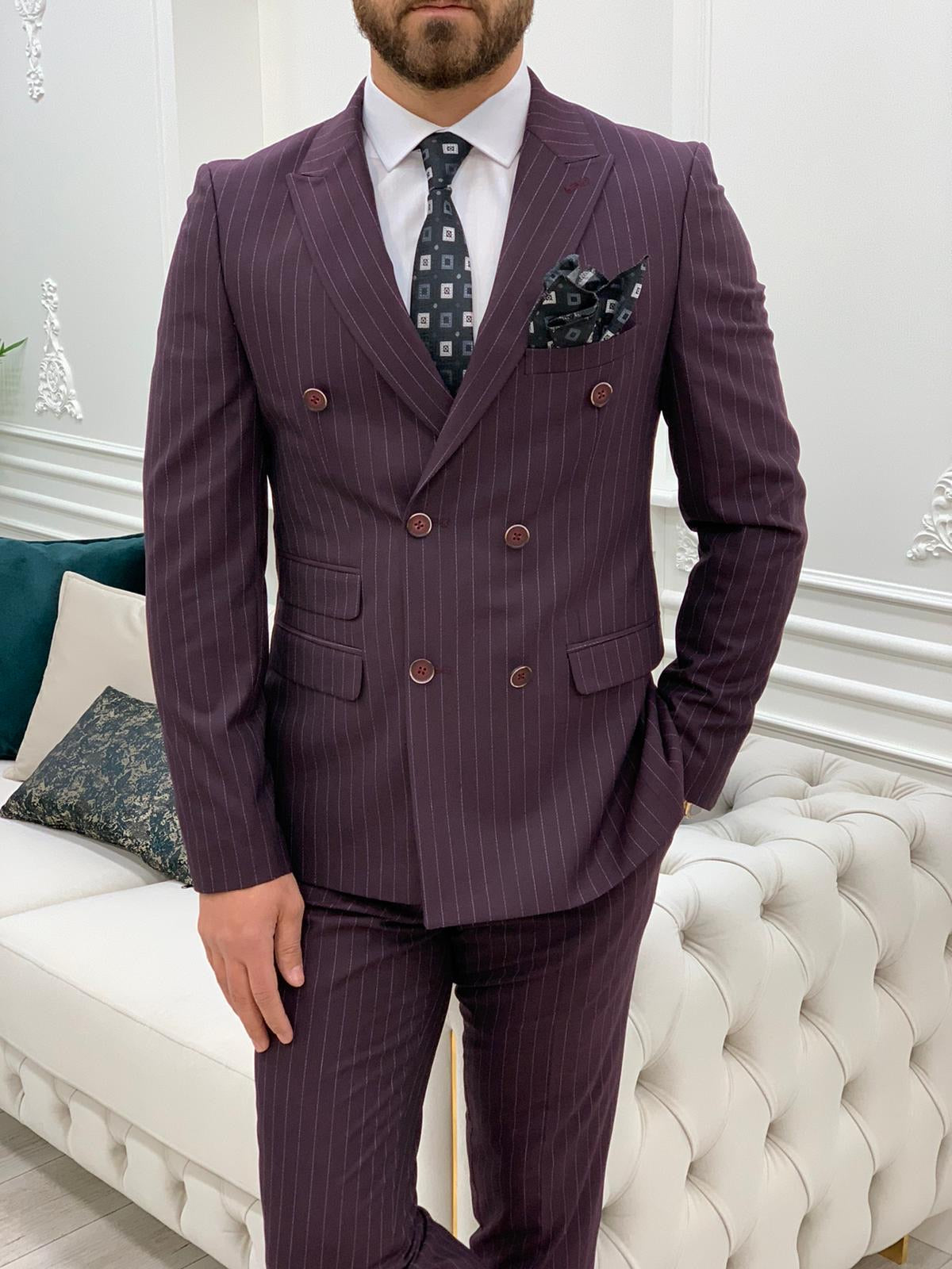 Furino Burgundy Slim Fit Double Breasted Pinstripe Suit-baagr.myshopify.com-1-BOJONI