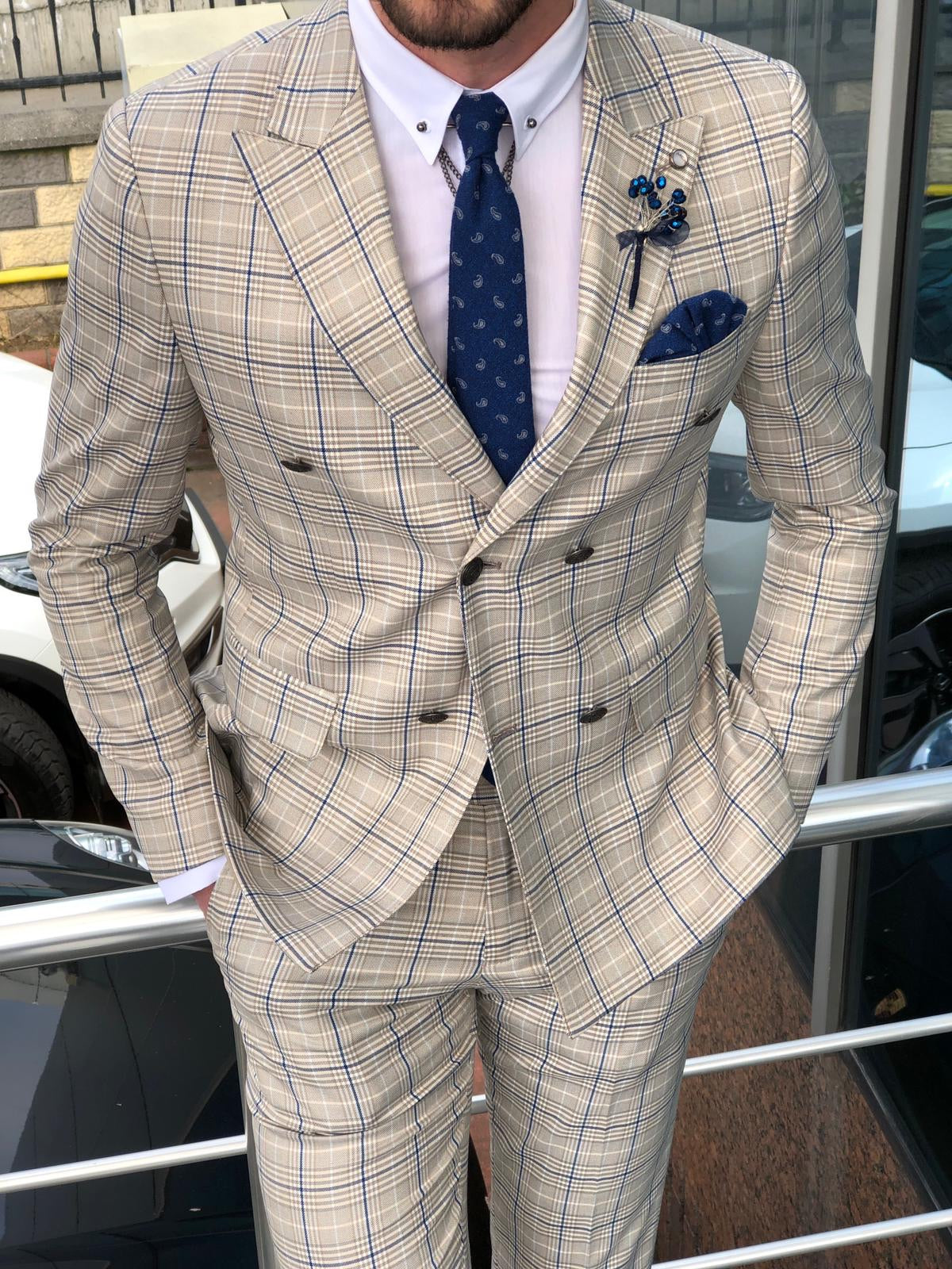 Slim-Fit Plaid Double Breasted Suit Beige | BOJONI