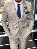 Load image into Gallery viewer, Slim-Fit Plaid Double Breasted Suit Beige-baagr.myshopify.com-suit-BOJONI
