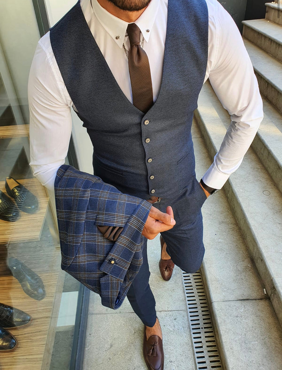 Henderson Navy Blue Slim Fit Plaid Suit | BOJONI