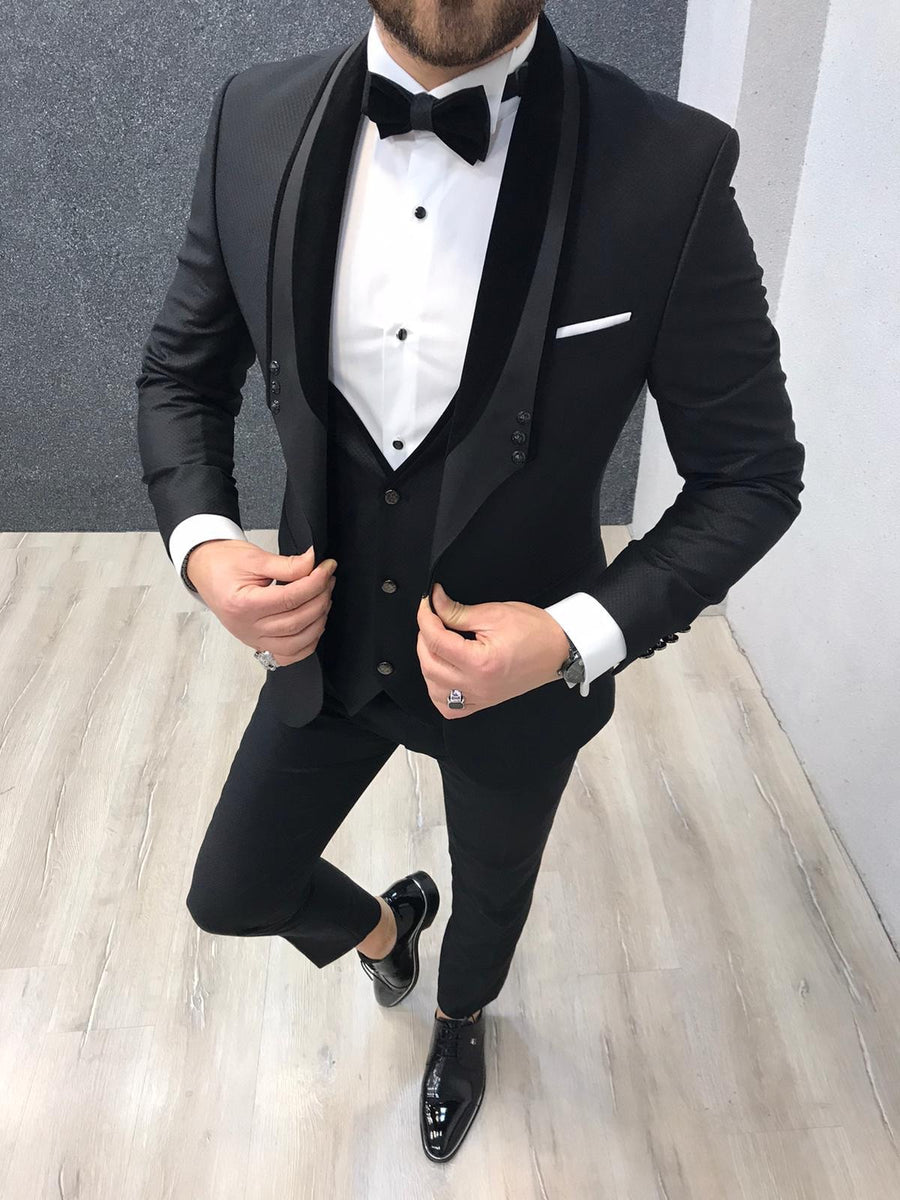 Nova Slim Fit Stone Black Tuxedo | BOJONI