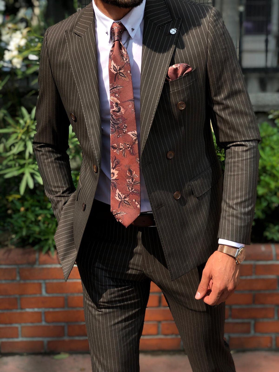 Mustard Slim-Fit Striped Double Breasted Suit Vest Brown | BOJONI