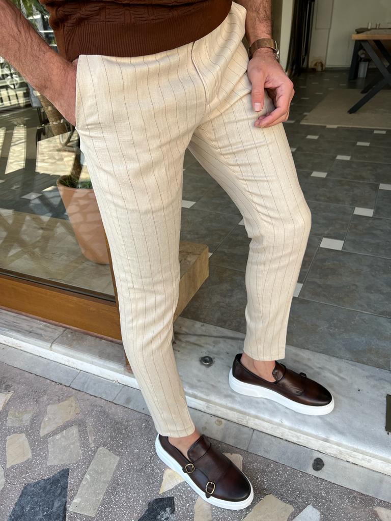  LEIYAN Mens Cotton Linen Striped Pants Casual Slim Fit
