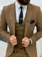 Load image into Gallery viewer, Lambrusco Brown Slim Fit Peak Lapel Striped Suit-baagr.myshopify.com-1-BOJONI
