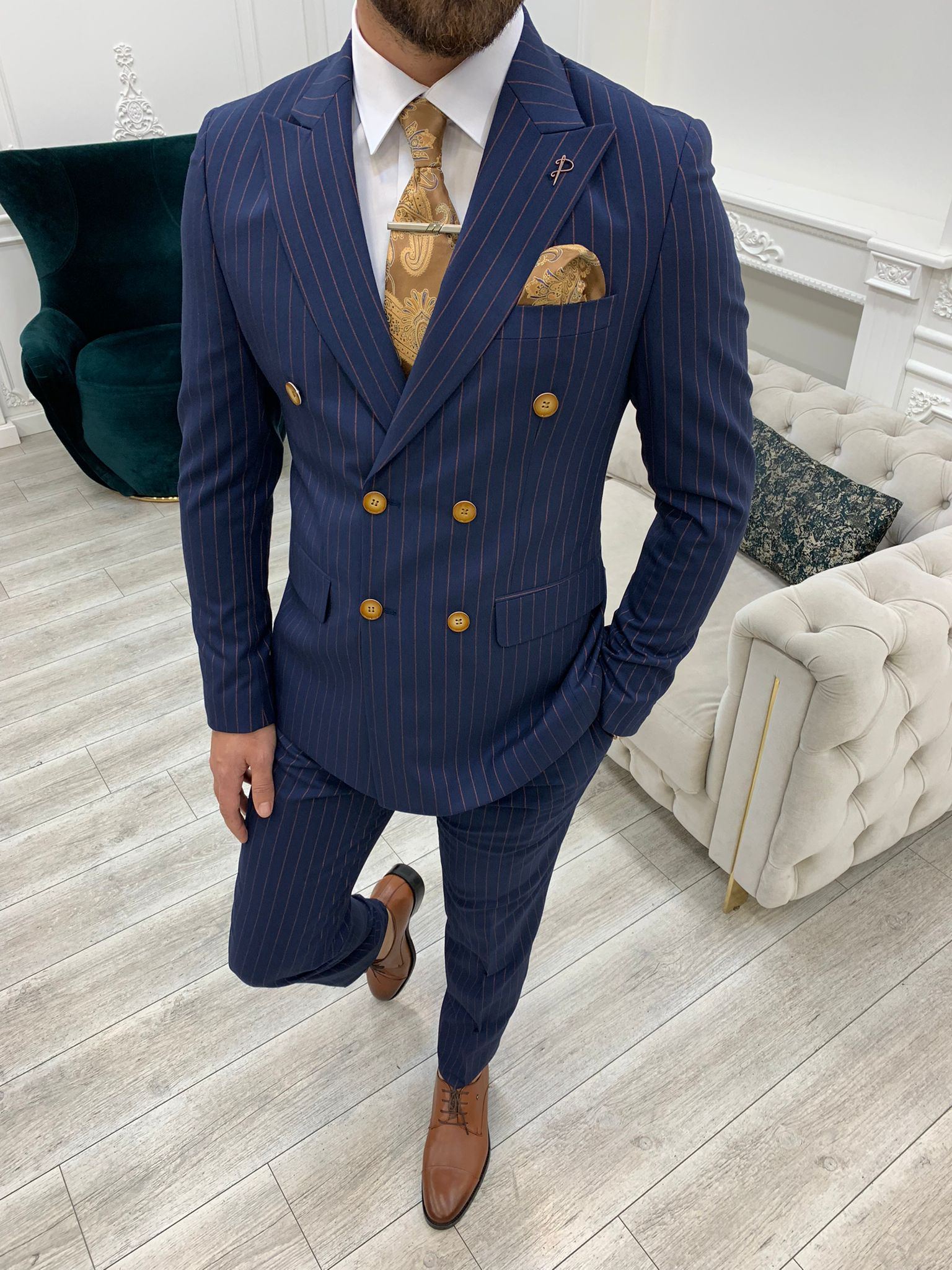 Bojoni Double Breasted Navy Blue Slim Fit Suit