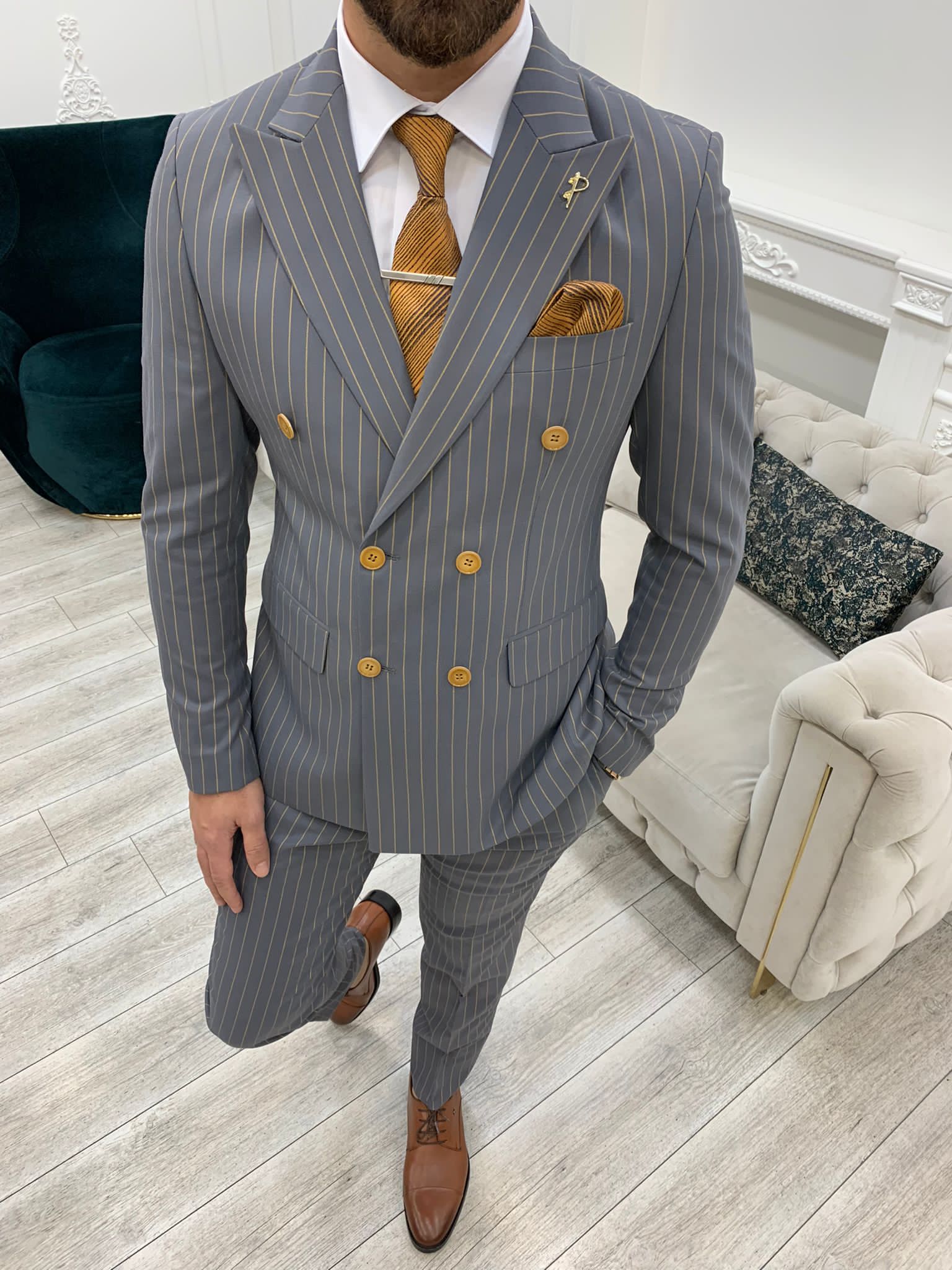 Bojoni Double Breasted Gray Slim Fit Suit