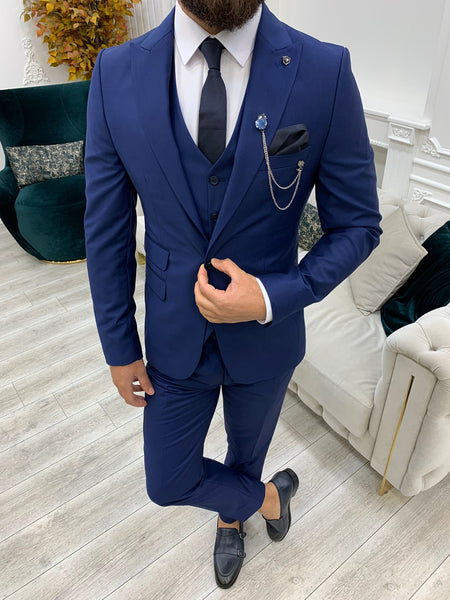 Vince Navy Blue Slim Fit Peak Lapel Suit | BOJONI