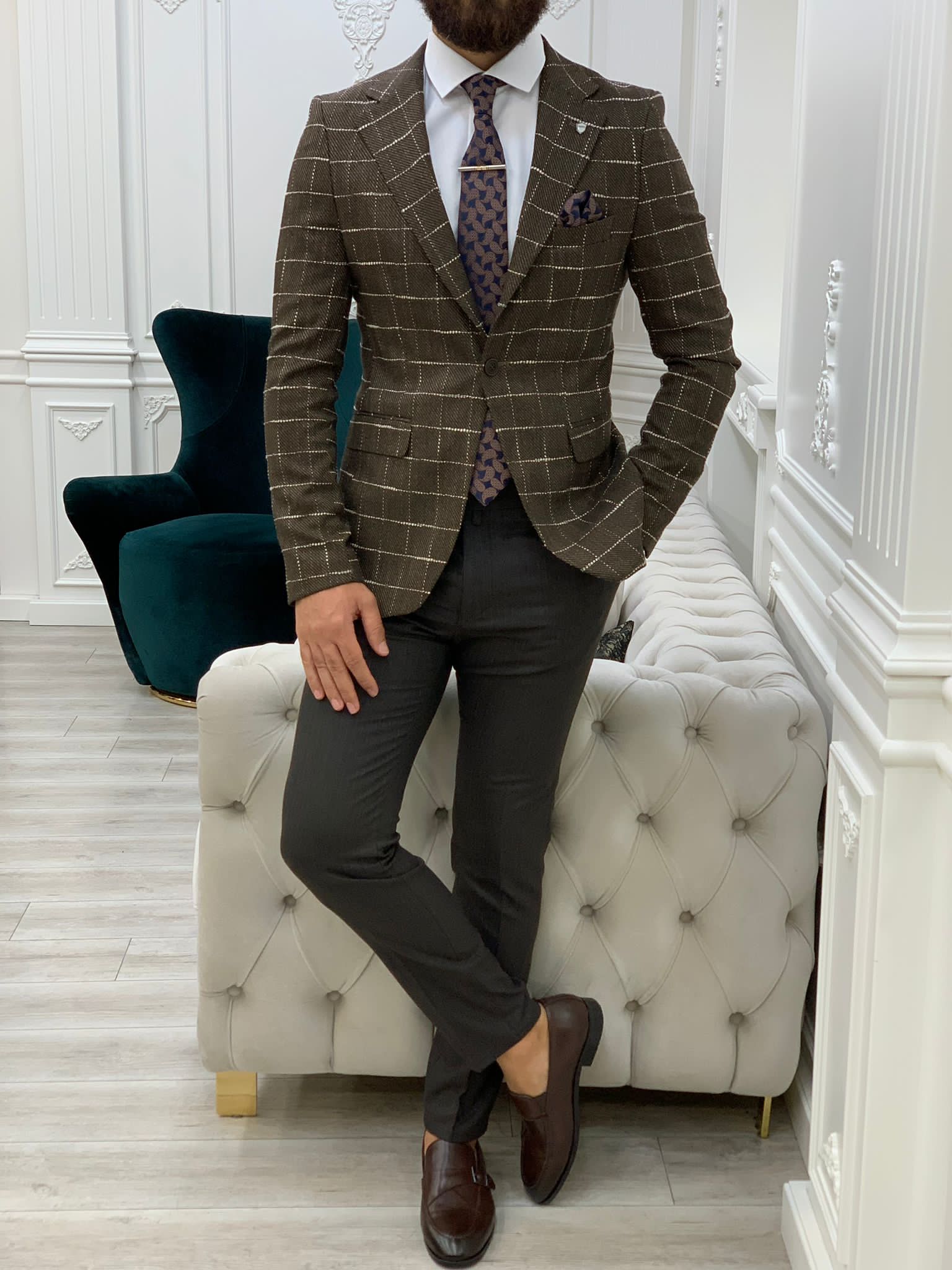 Serra Brown Slim Fit Plaid Suit-baagr.myshopify.com-1-BOJONI