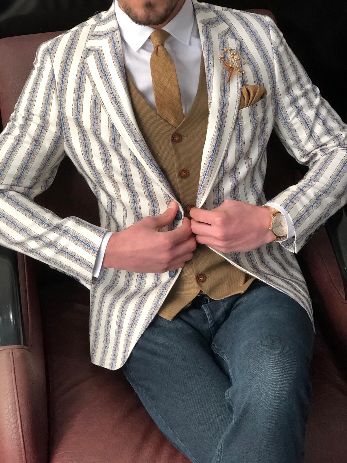 Feriff Slim-Fit Double Breasted Blazer in Ecru-baagr.myshopify.com-suit-BOJONI