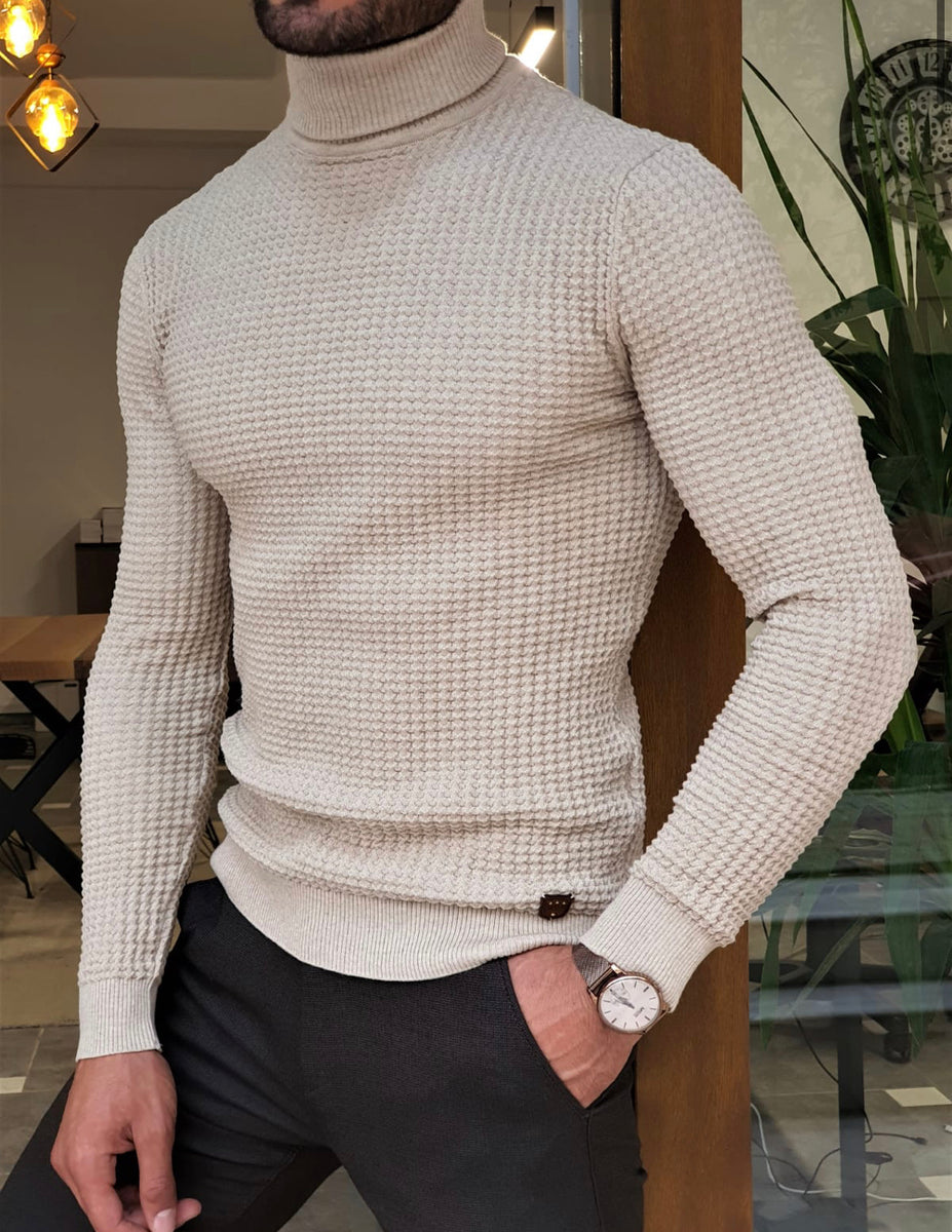 Turino Beige Slim Fit Turtleneck Sweater | BOJONI