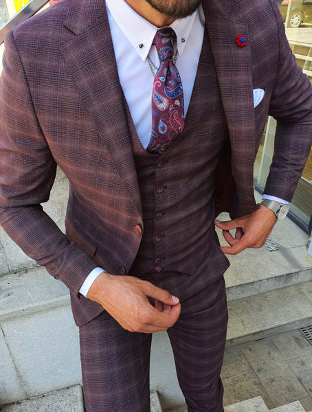 Orem Burgundy Slim Fit Plaid Suit | BOJONI