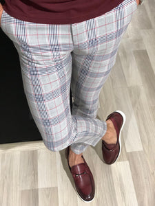 Slim Fit Plaid Pants in Claret Red-baagr.myshopify.com-Pants-BOJONI