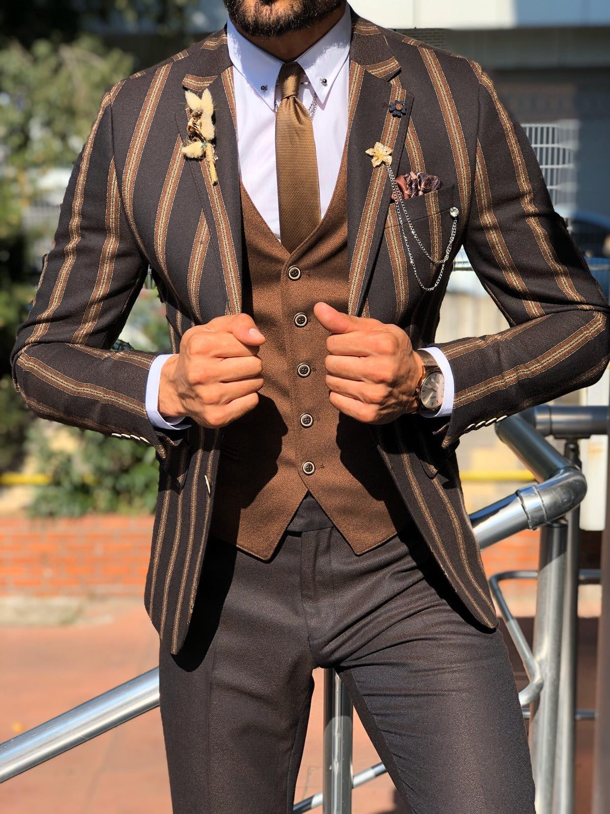 Lazi Slim-Fit Striped Suit Vest Brown Lazi Slim-Fit Striped Suit Vest Brown