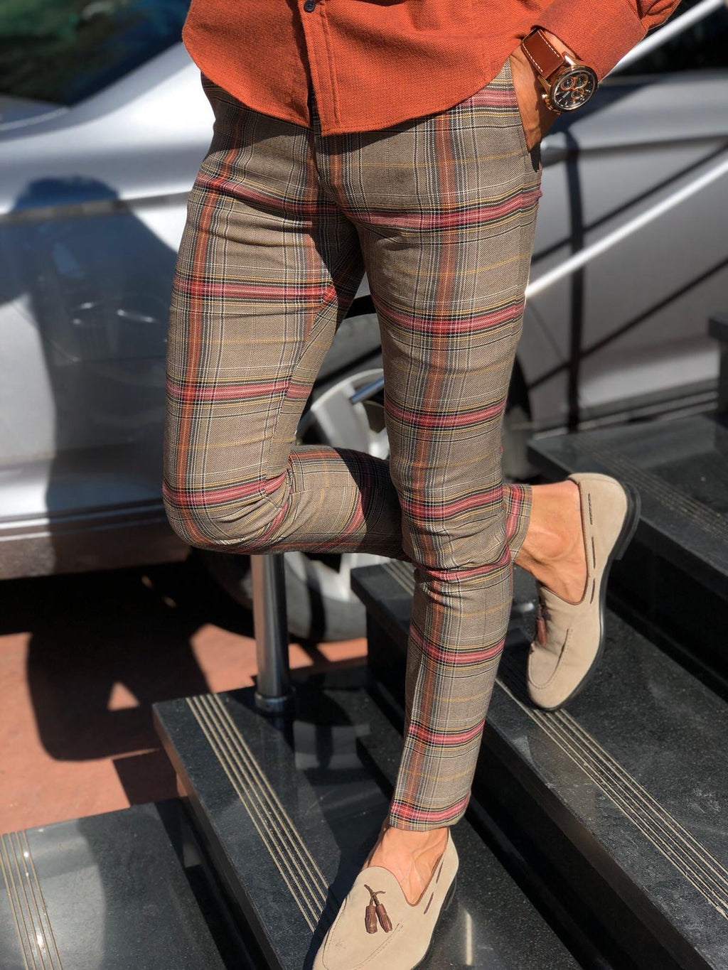 Petic Slim-Fit Plaid Pants Beige-baagr.myshopify.com-Pants-BOJONI