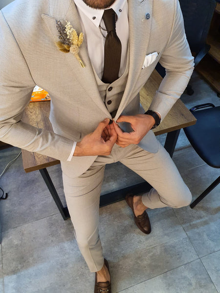 Furuyal Men's Casual Beige Linen Vests Business Suit Vest Slim Fit