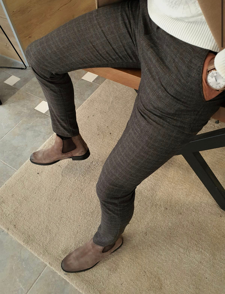 Henderson Brown Slim Fit Plaid Cotton Pants | BOJONI