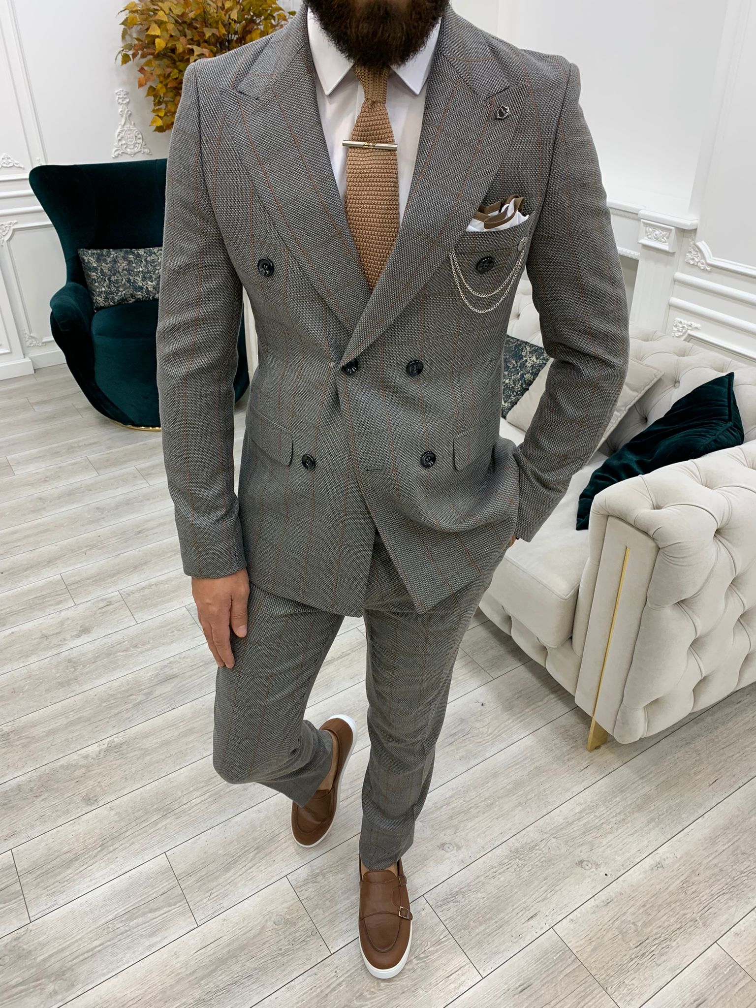Rosario Light Gray Slim Fit Double Breasted Plaid Suit | BOJONI