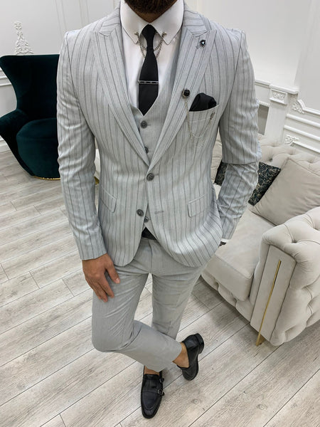 Lambrusco Gray Slim Fit Peak Lapel Striped Suit | BOJONI