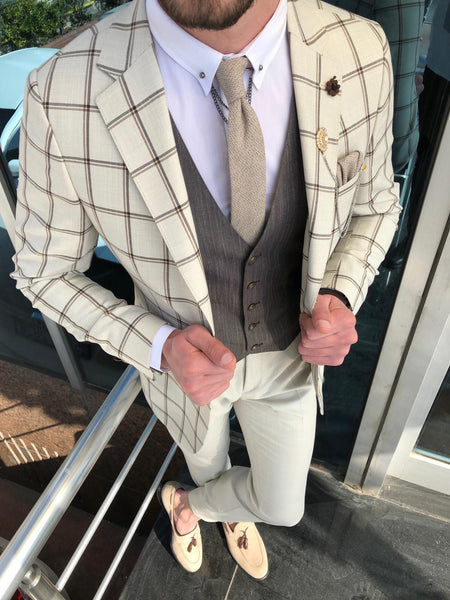 Slim-Fit Plaid Suit Vest Beige | BOJONI