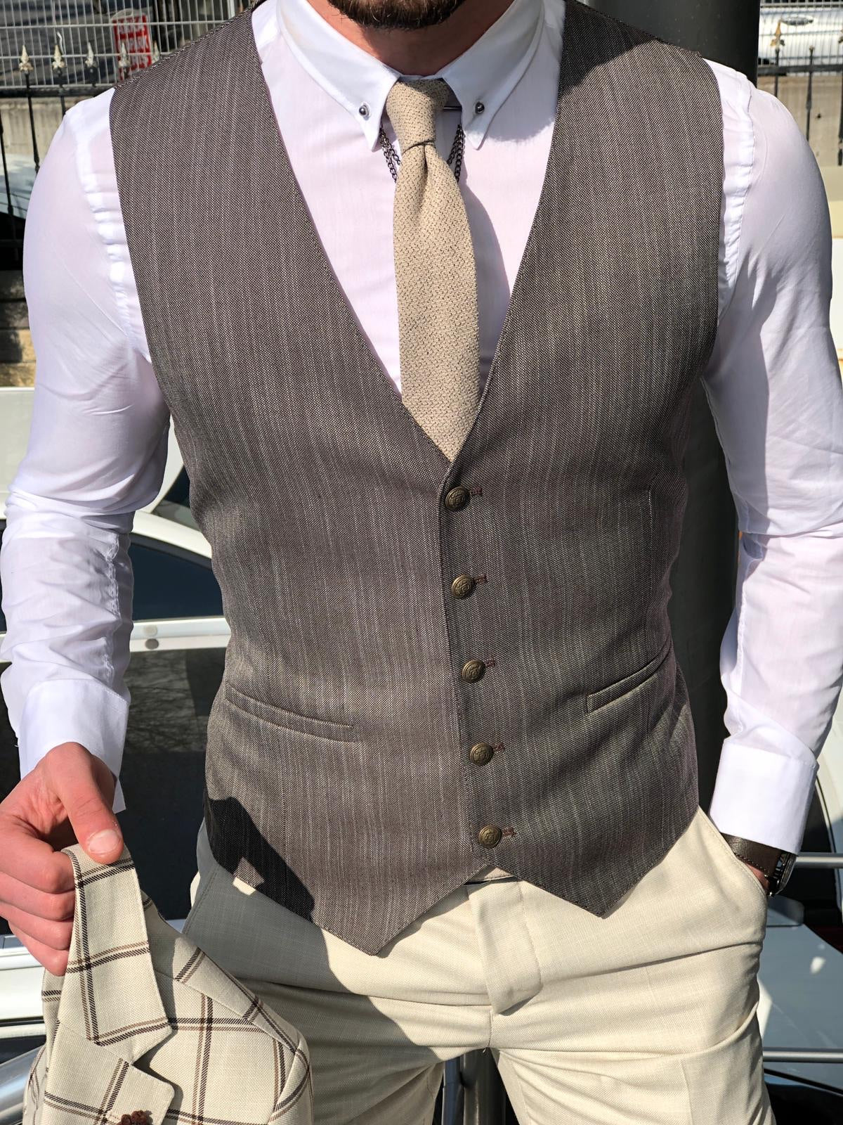 Slim-Fit Plaid Suit Vest Beige | BOJONI