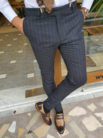 Load image into Gallery viewer, Verno Dark Blue Slim Fit Striped Pants-baagr.myshopify.com-Pants-BOJONI
