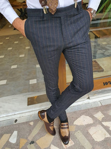 Verno Dark Blue Slim Fit Striped Pants-baagr.myshopify.com-Pants-BOJONI