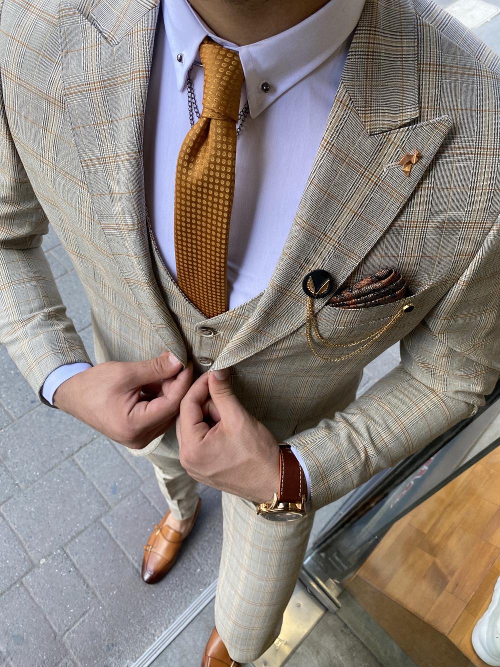 Forenzax Beige Plaid Slim Fit Suit-baagr.myshopify.com-suit-BOJONI