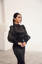 Load image into Gallery viewer, Satin Bodycon Dress with Organza Sleeves Black-baagr.myshopify.com-dress.-BOJONI
