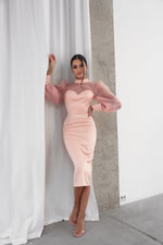 Load image into Gallery viewer, Satin Bodycon Dress with Organza Sleeves Pink-baagr.myshopify.com-dress.-BOJONI

