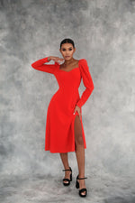 Load image into Gallery viewer, Polka Dot Midi Dress with Lantern Sleeves and Slit Red-baagr.myshopify.com-dress.-BOJONI
