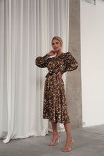 Load image into Gallery viewer, Puff Sleeve Midi Dress Brown-baagr.myshopify.com-dress.-BOJONI
